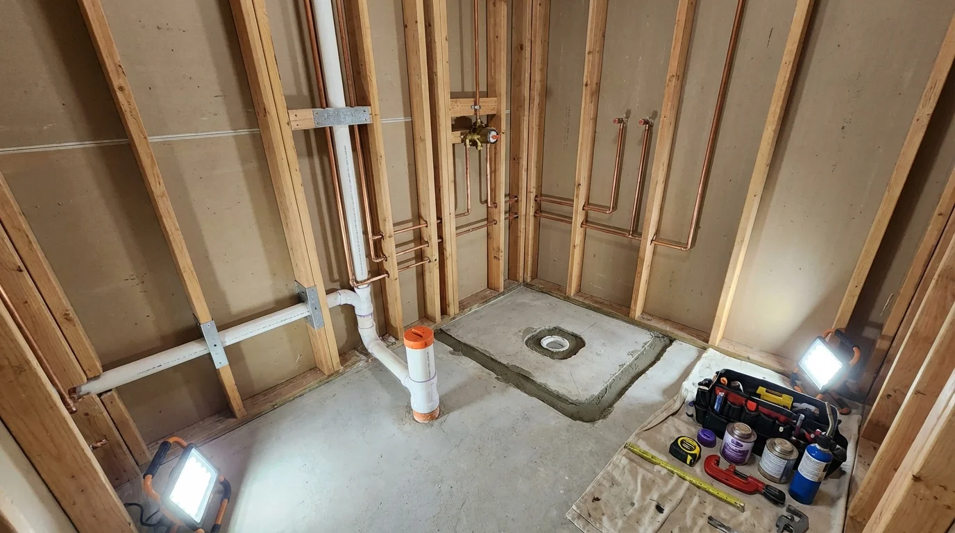 Bathroom rough-in plumbing during remodel by Johns Plumbing LLC in Winona