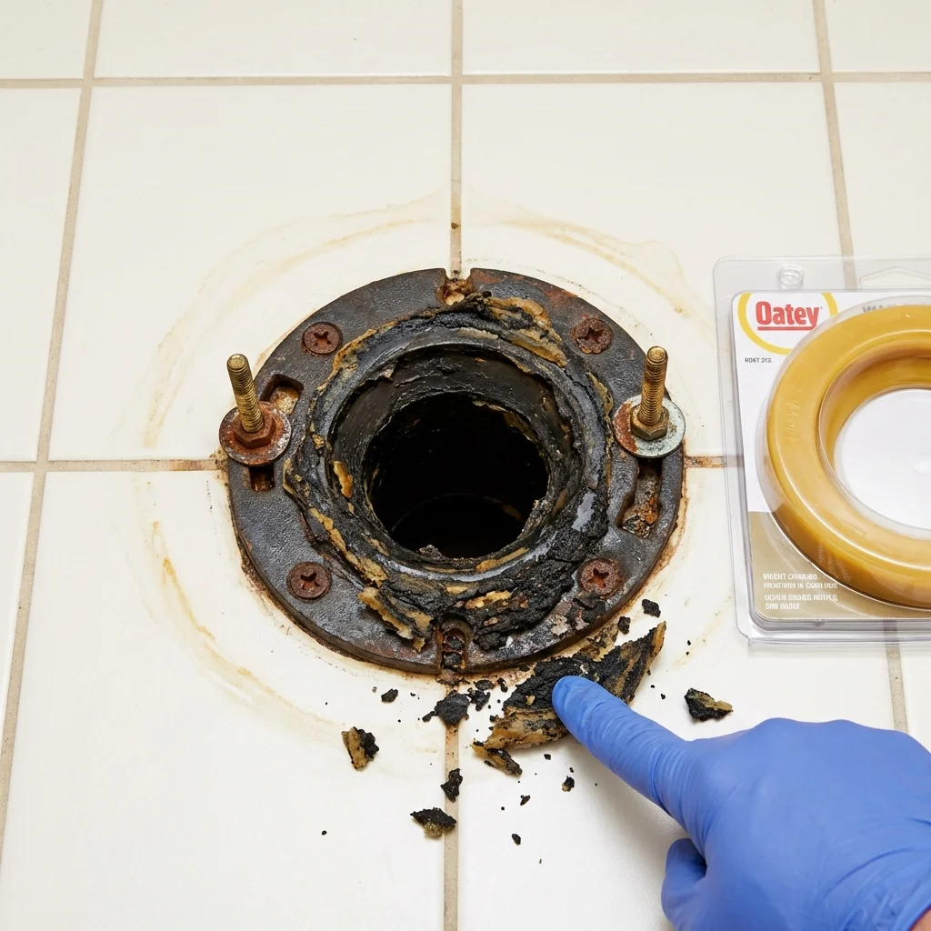 Failed wax ring showing water seepage at the base of a toilet in a Winona, MS home
