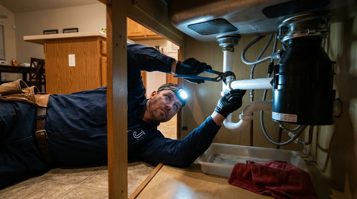 P-trap and supply line connections under a kitchen sink showing a common leak point in Winona, MS